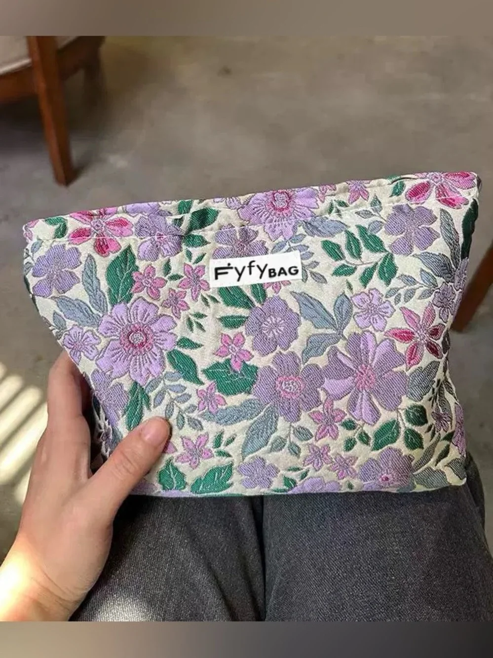 Floral Embroidered Cosmetic Pouch in Lavender & Green